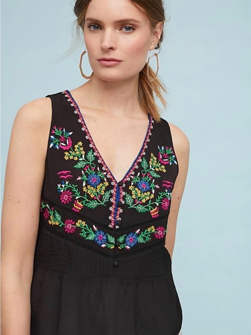 Maeve for Anthropologie Carlotta embroidered blouse, black Size Medium
